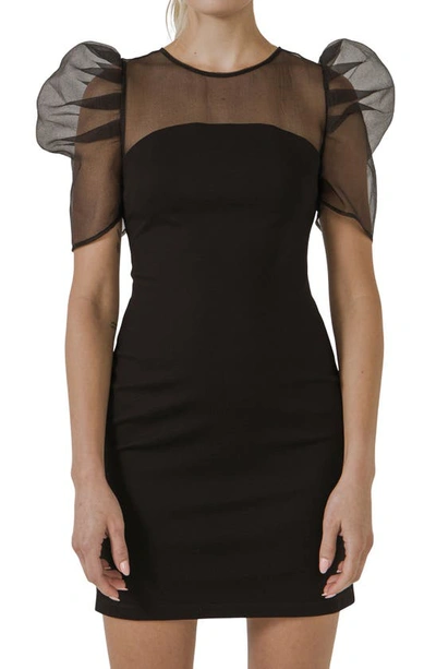 Endless Rose Mixed Media Puff Sleeve Minidress In Black