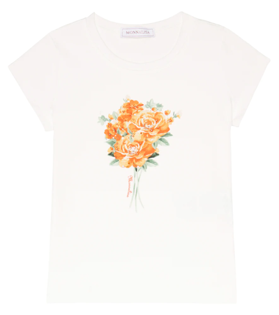 Shop Monnalisa Embellished Floral Jersey T-shirt In Bianco/panna+acero