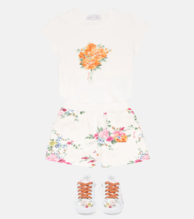 Shop Monnalisa Embellished Floral Jersey T-shirt In Bianco/panna+acero