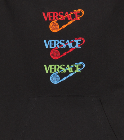 Shop Versace Safety Pin Embroidered Cotton Hoodie In Nero+multicolor