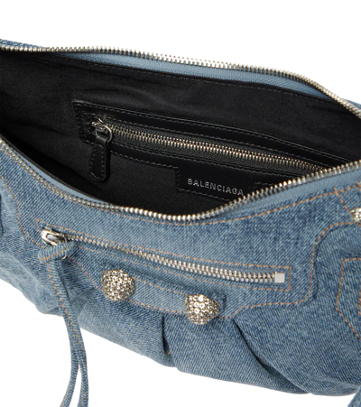 Balenciaga Le Cagole Small Denim Shoulder Bag With Rhinestones In Blue