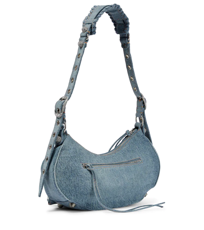 Balenciaga Le Cagole Small Denim Shoulder Bag With Rhinestones In Blue