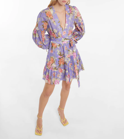 Shop Zimmermann Pattie Floral Cotton Wrap Dress In Purple Rose