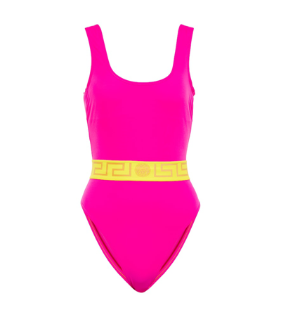 Shop Versace Greca Printed Swimsuit In Fuxia+yellow