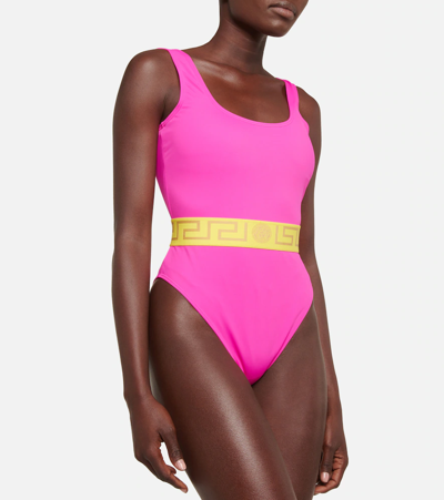 Shop Versace Greca Printed Swimsuit In Fuxia+yellow