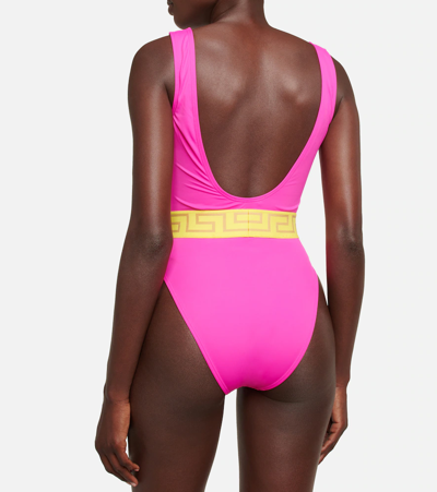 Shop Versace Greca Printed Swimsuit In Fuxia+yellow