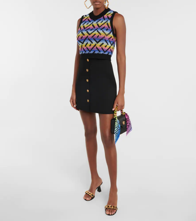 Shop Versace La Greca Wool-blend Vest In Black+multicolor