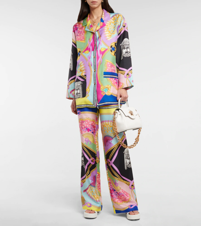 Shop Versace I Ventagli Silk Twill Wide-leg Pants In Multicolor
