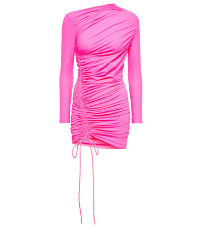 Asymmetric Ruched Neon Stretch-jersey Mini Dress In Pink