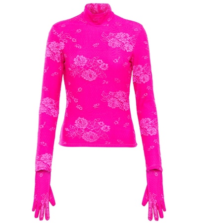 Shop Balenciaga Floral Lace Mockneck Gloved Top