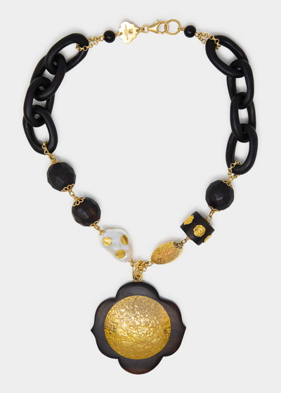 Shop Grazia And Marica Vozza Ebony And Gold Necklace With Freshwater Baroque Pearls In Multi