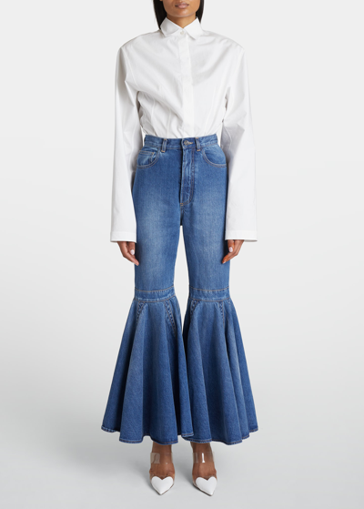 Shop Alaïa Denim Ruffle-hem Pants In Bleu Jeans