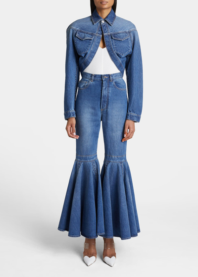 Shop Alaïa Cropped Denim Shrug Jacket In Bleu Jeans