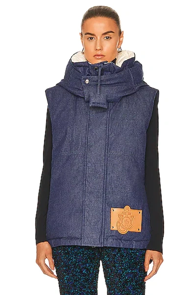 Moncler Genius + Jw Anderson Dalby Hooded Faux Leather-trimmed Denim Down Vest In Blue