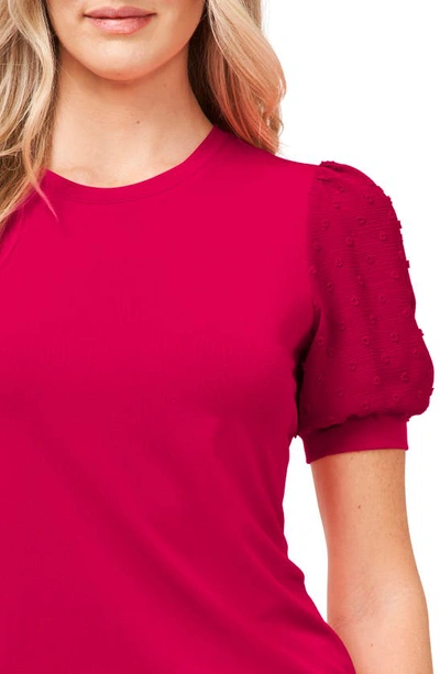 Cece Puff Sleeve Mixed Media Top In Fuchsia Glow