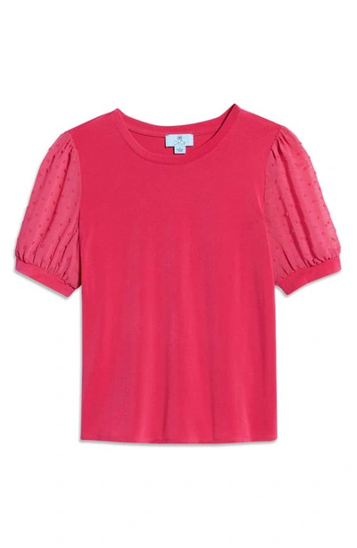 Cece Puff Sleeve Mixed Media Top In Fuchsia Glow