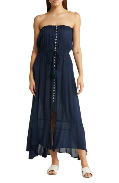 Shop Elan Strapless Maxi Cover-up Dress In Navy