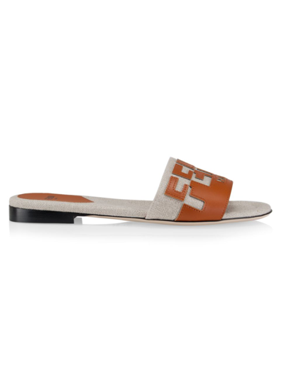 Shop Fendi Women's Canvas & Leather Logo Slide Sandals In Brown