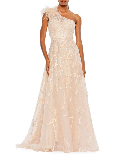 Shop Mac Duggal Women's One-shoulder Feathered A-line Gown In Peach