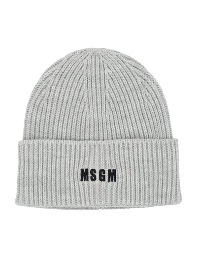 Shop Msgm Logo Embroidered Ribbed Beanie In Grey