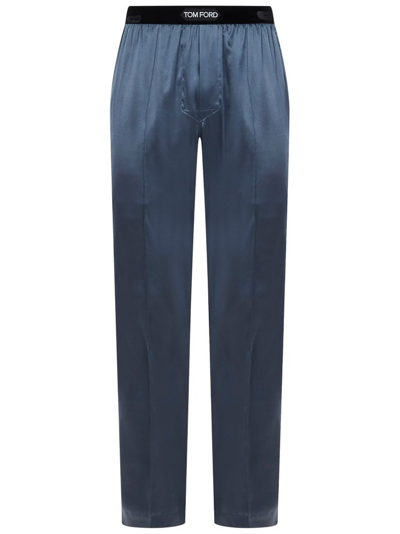 Shop Tom Ford Logo Waist Satin Pajama Trousers In Blue