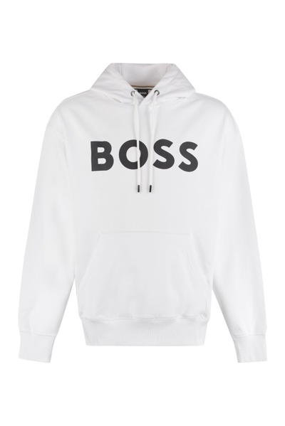 Shop Hugo Boss Boss  Logo Printed Drawstring Hoodie In White