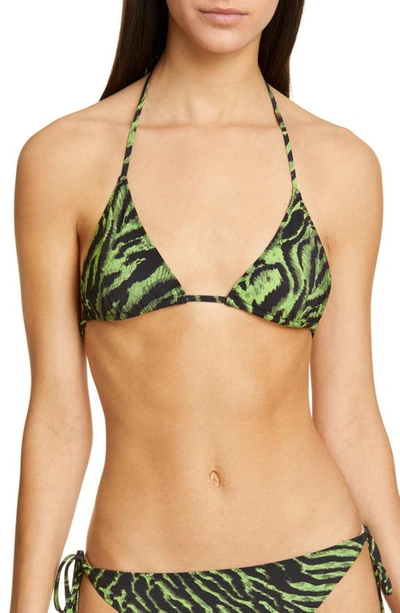 Shop Ganni Tiger Print Triangle Bikini Top In Lime Tiger