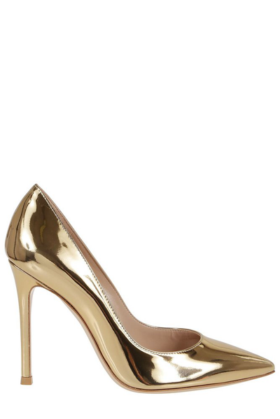 Shop Gianvito Rossi High Shine Pointed Toe Pumps In Gold