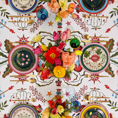 La Doublej Medium Tablecloth (180x280) In White Turning Tulips