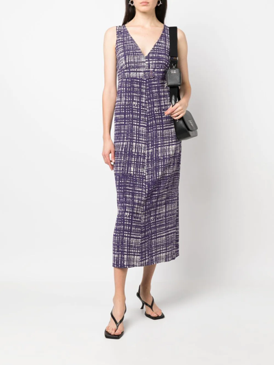 Pre-owned Prada 2000s Grid-print Midi Dress In Purple