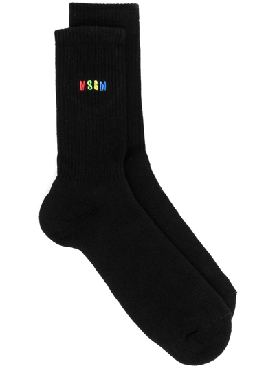 Shop Msgm Embroidered-logo Detail Socks In Black