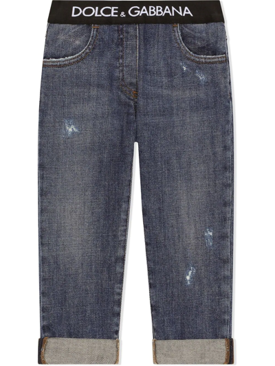 Shop Dolce & Gabbana Logo-waistband Turn-up Jeans In Blue