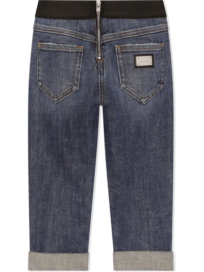 Shop Dolce & Gabbana Logo-waistband Turn-up Jeans In Blue
