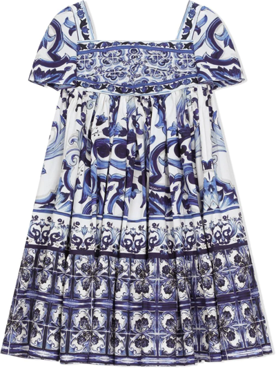 Dolce & Gabbana Girl Dress With Majolica Print In Blue