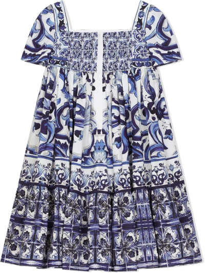 Dolce & Gabbana Girl Dress With Majolica Print In Blue