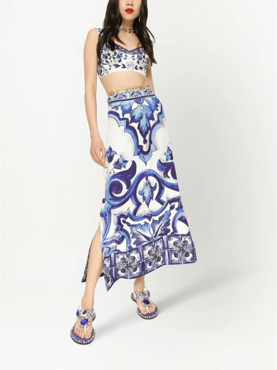 Dolce & Gabbana Majolica-print Charmeuse Top In Blue