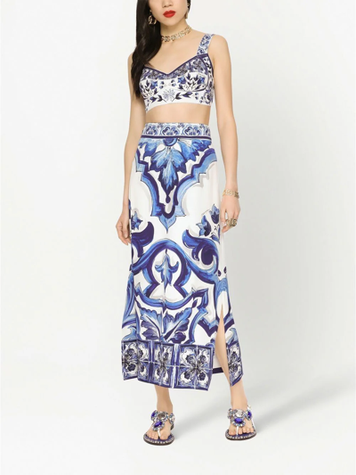 Dolce & Gabbana Majolica-print Charmeuse Top In Blue