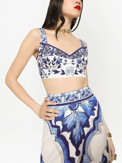 Dolce & Gabbana Majolica-print Charmeuse Top In Blue