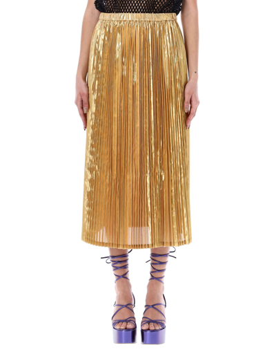Shop Junya Watanabe Pleated Laminated Midi Skirt In Light Gold