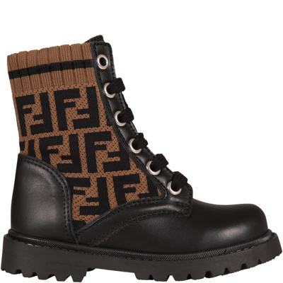 Shop Fendi Black Boots For Kids With Double Ff In Pmm Nero Tabacco Nero