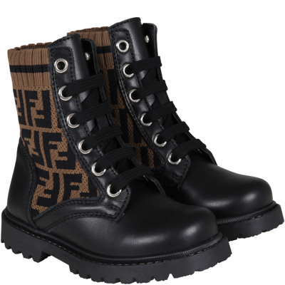 Shop Fendi Black Boots For Kids With Double Ff In Pmm Nero Tabacco Nero