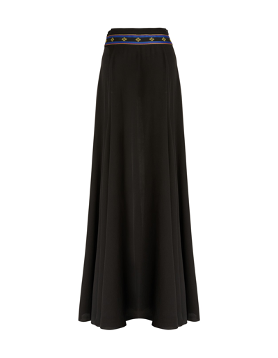 Shop Etro Woman Long Black Silk Skirt With Ribbons And Floral Detail In Nero