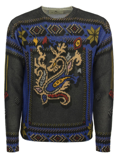 Etro Printed Virgin Wool Jumper In Blue