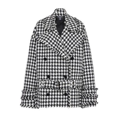 Shop Balmain Tweed Caban Coat In Noir Blanc