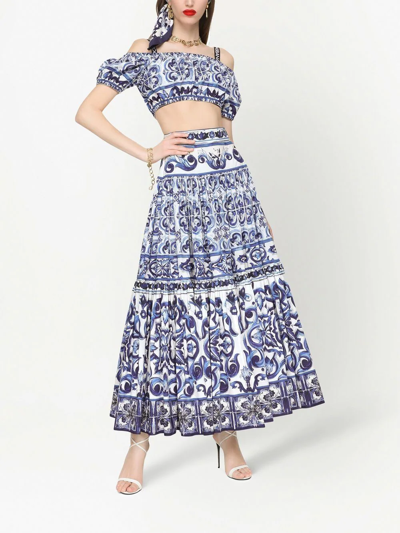 Shop Dolce & Gabbana Majolica-print Pleated Maxi Skirt In Blue