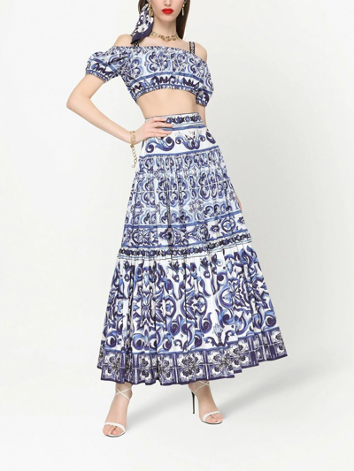 Dolce & Gabbana Majolica-print Poplin Calf-length Skirt In Blue