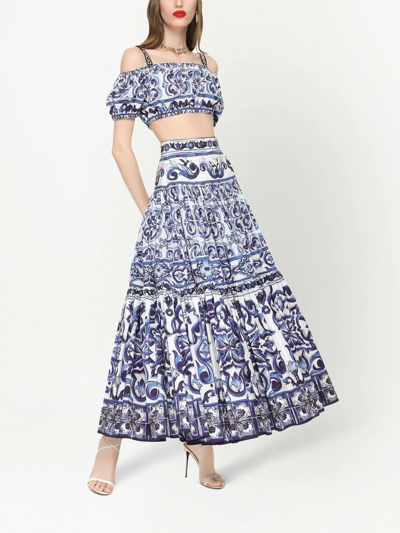 Dolce & Gabbana Majolica-print Poplin Calf-length Skirt In Blue