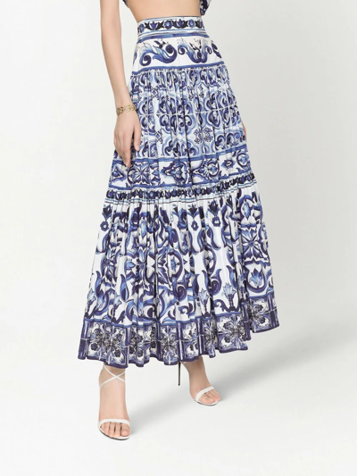 Dolce & Gabbana Majolica-print Poplin Calf-length Skirt In Blue
