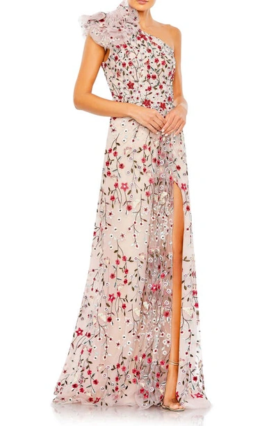 Mac Duggal Embellished Ruffled One Shoulder A Line Gown In Rose Multi