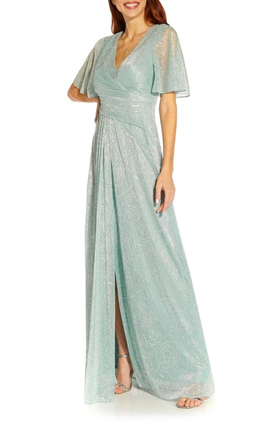 Shop Adrianna Papell Metallic Mesh Drape A-line Gown In Sea Glass